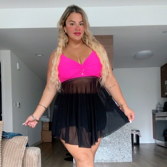 Women's Plus Size Swimsuits Tummy Control Bathing Suits Flowy Mesh Swim Dress - Picture 2 of 12